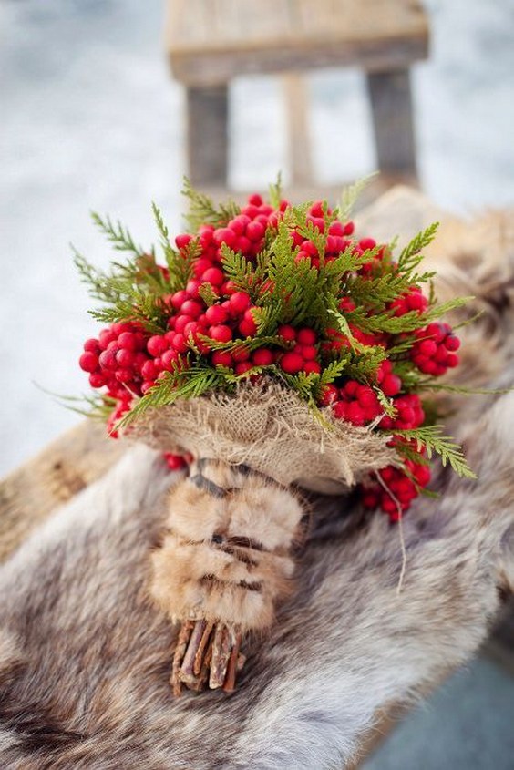 Winter burlap wedding bouquet of rich red berries