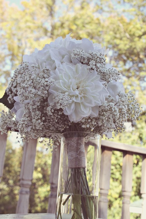 baby's breath and artificial white dahlias & roses burlap wedding bouquet