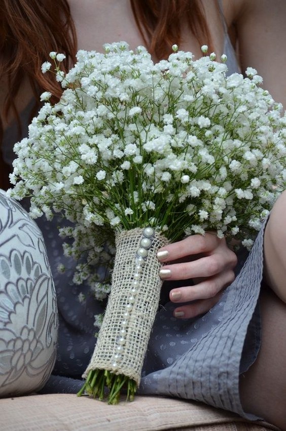 baby's breath and burlap wedding bouquet