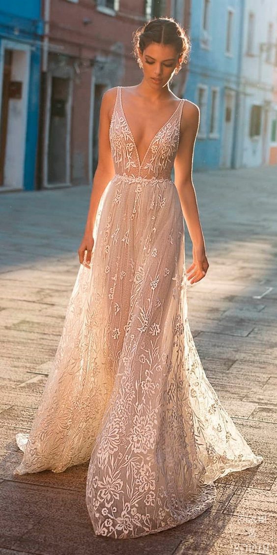 beach wedding dresses straight blush lace deep v neckline with straps gali karten