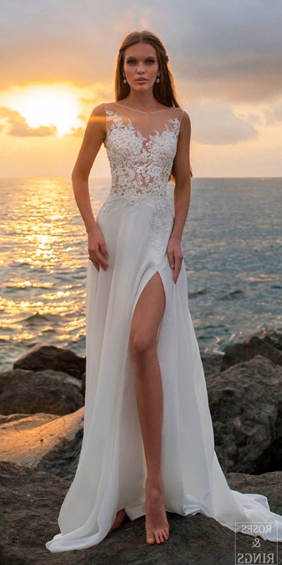beach wedding dresses straight high slit lace illusion neckline sleeveless kuznetcova