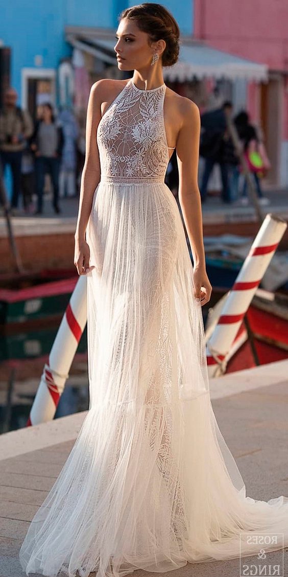 beach wedding dresses straight lace halter neckline sleeveless gali karten