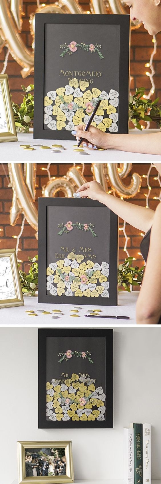 black and gold wedding guest signature shadow box