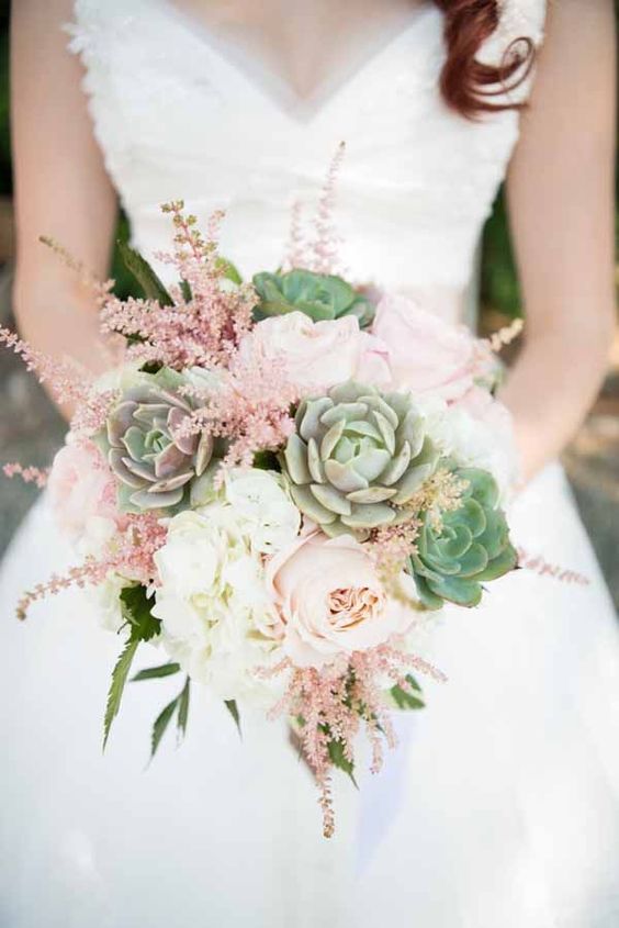 bridal bouquet with succulents, astilbe and roses