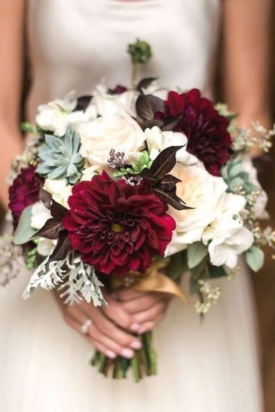 burgundy dahlias and blush roses fall wedding bouquet