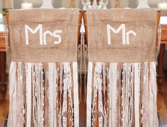 burlap and lace ribbon wedding chair decor