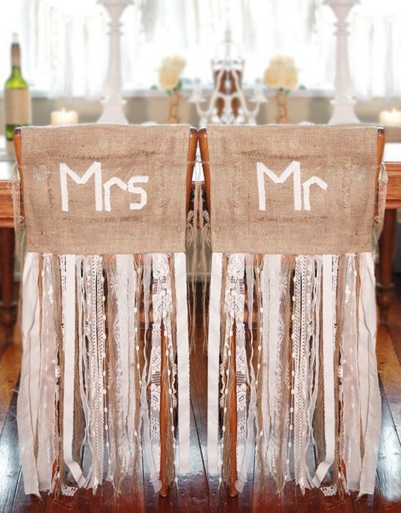 burlap and lace ribbon wedding chair decor