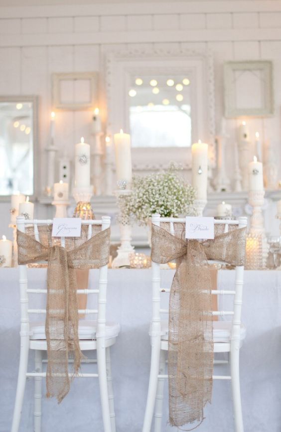 burlap bows look amazing on white chiavari chairs