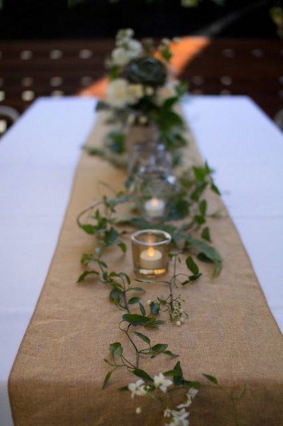 burlap table runner and lanterns centerpeice