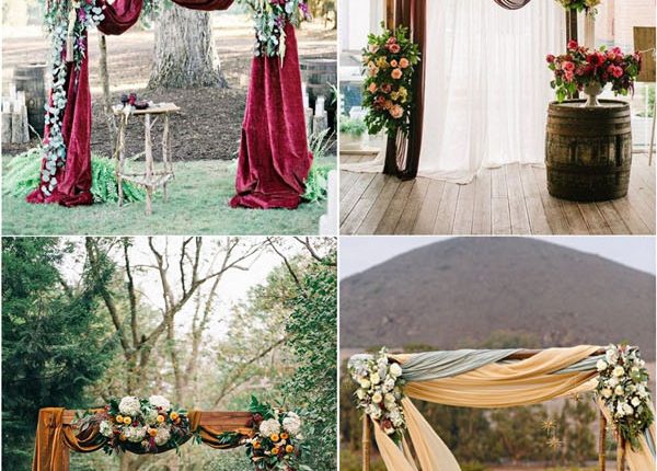 draping and floral wedding arch with fabric
