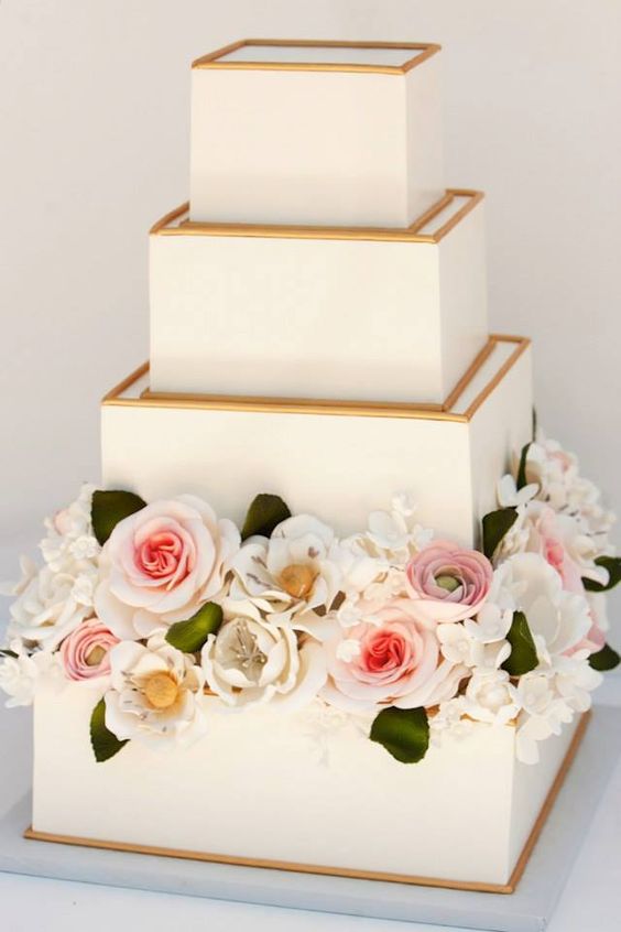 gold and ivory classic square weding cake