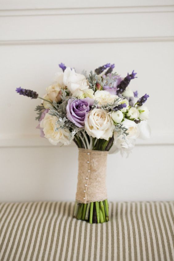 lilac and ivory burlap wedding bouquet