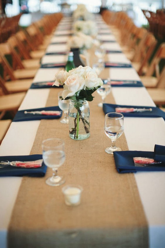 mason jars, navy blue and burlap wedding tables