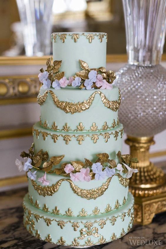 mint and gold baroque wedding cake