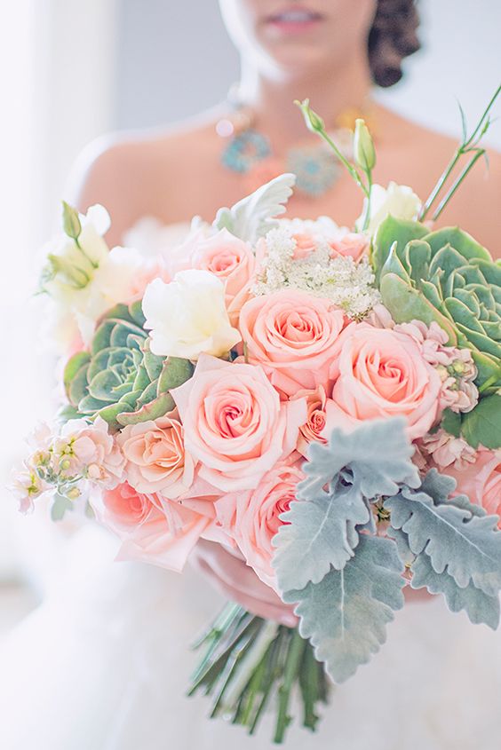 mint, peach and succulent bouquet