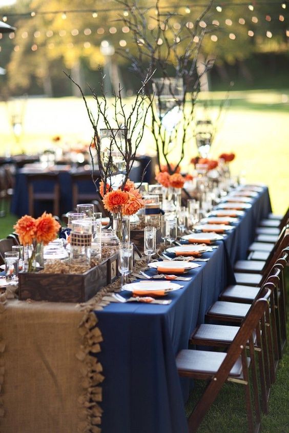 navy and orange burlap wedding table decor