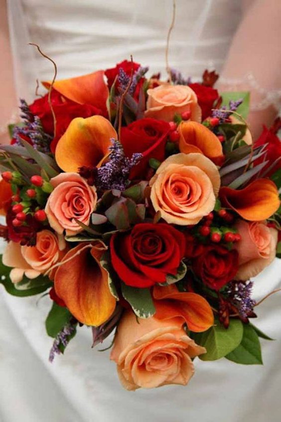 orange and deep red fall wedding bouquet