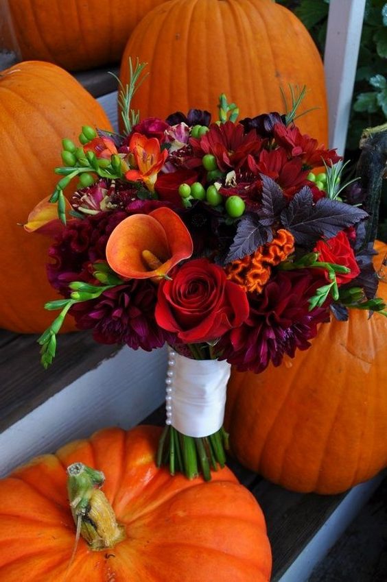 orange deep red and plum fall wedding bouquet