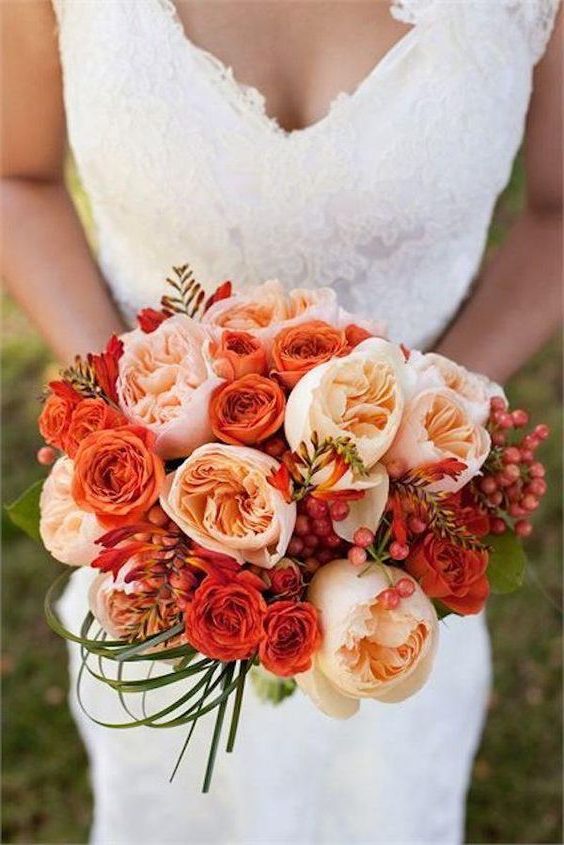 peach and orange garden roses wedding bouquet