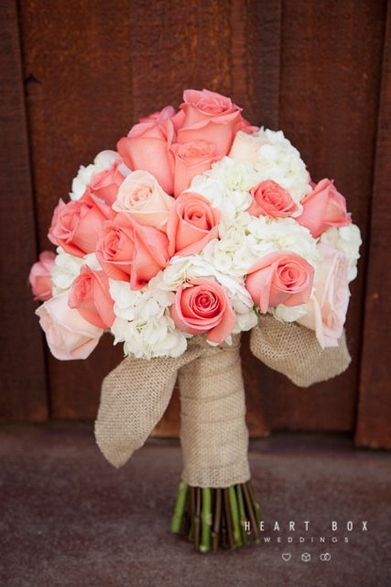 pink roses and white hydrangea burlap wedding bouquet