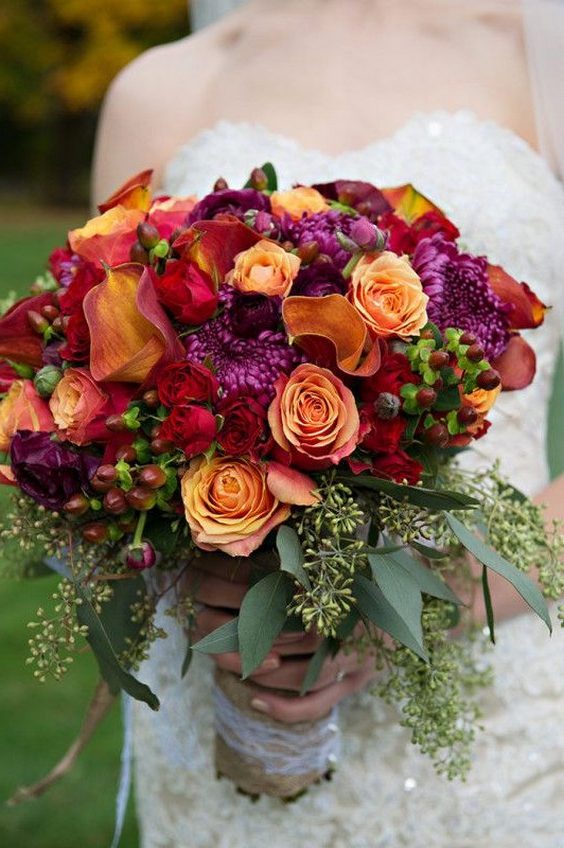 purple and orange fall wedding bouquet