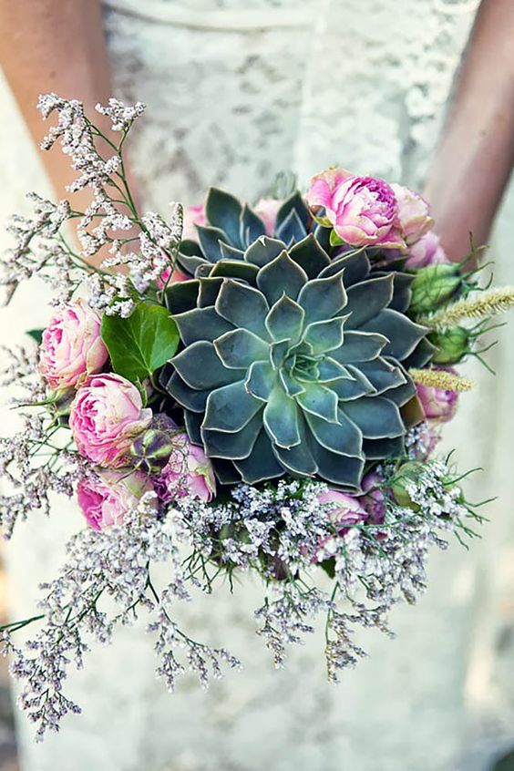 roses and succulent wedding bouquet