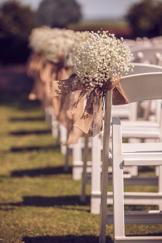 rustic baby's breath and burlap wedding aisle chair decor