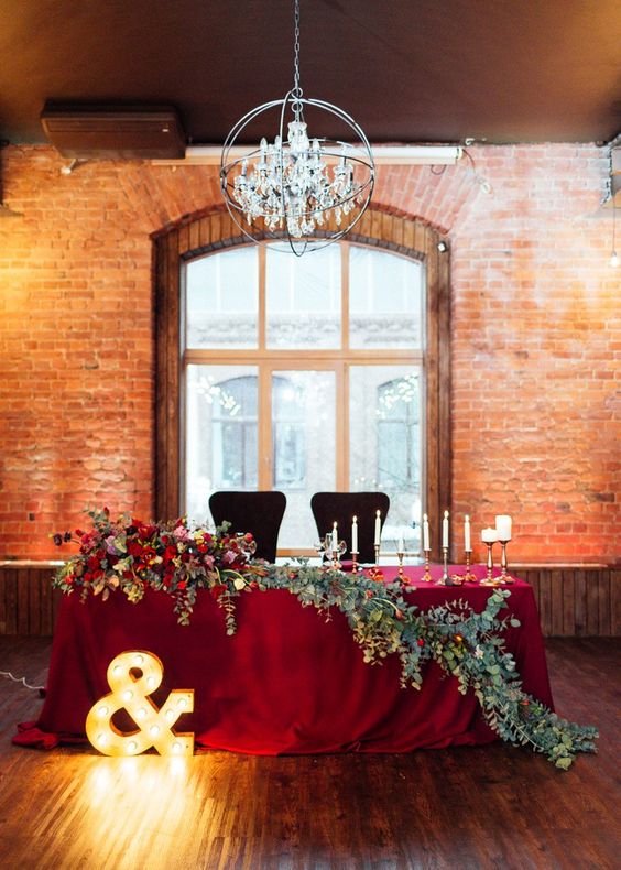 rustic burgundy and greenery wedding sweetheart table decor