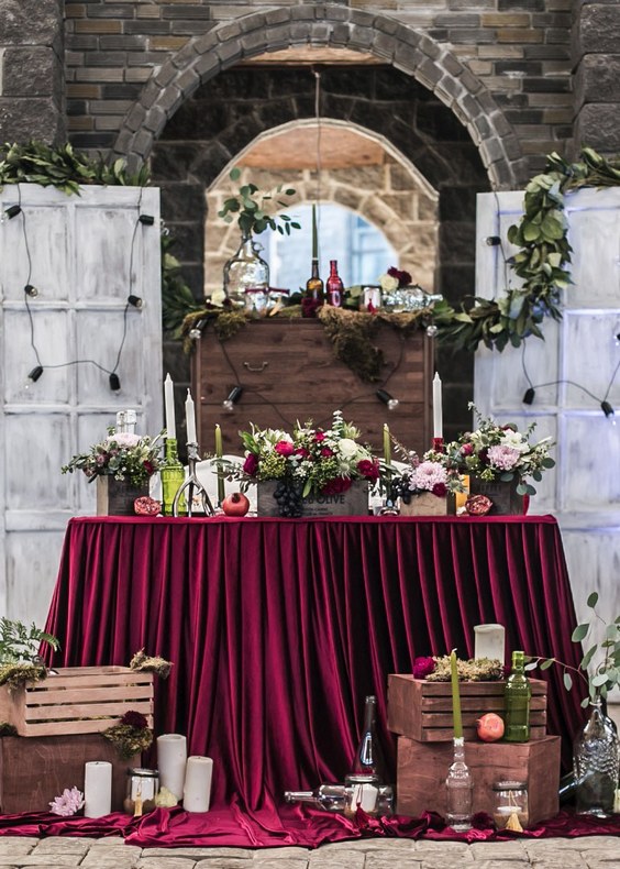 rustic country burgundy wedding sweetheart table 2