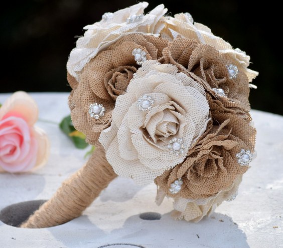 rustic country burlap wedding bouquet idea