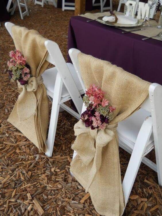 rustic fall purple wedding flowers and burlap wedding chair decor