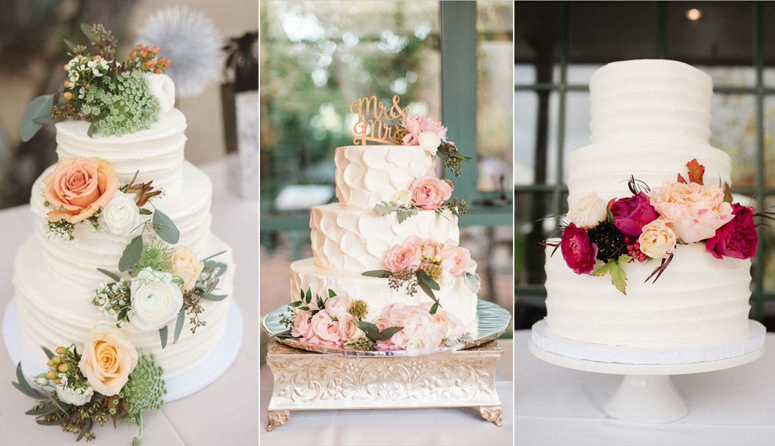 rustic floral white buttercream wedding cakes