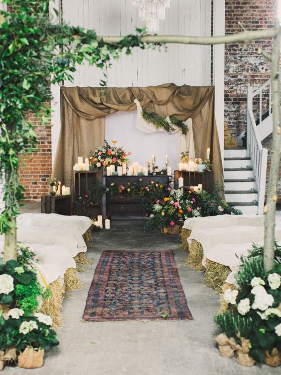 rustic indoor burlap wedding ceremony backdrop