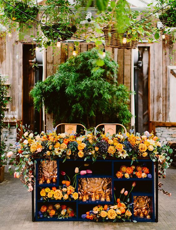 rustic orange and navy wedding head table decor