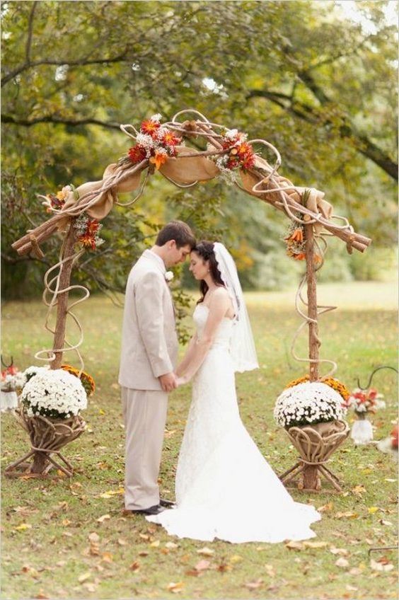 rustic outdoor burlap fall wedding ceremony arch