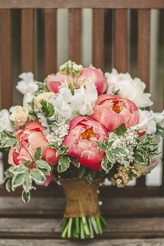 rustic summer peonies burlap wedding bouquet