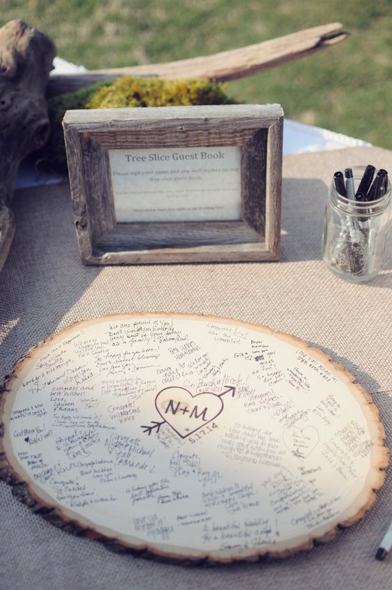 rustic tree stump wood wedding guest book