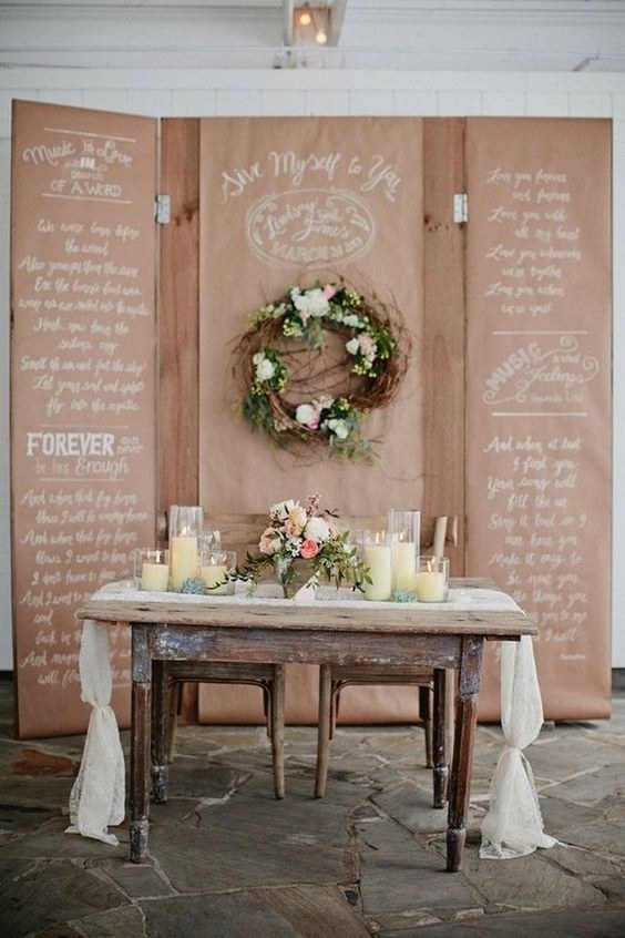 rustic vintage sweetheart table and kraft paper wedding backdrop