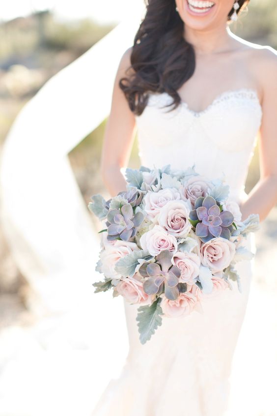 succulent and dusty roses wedding bouquet