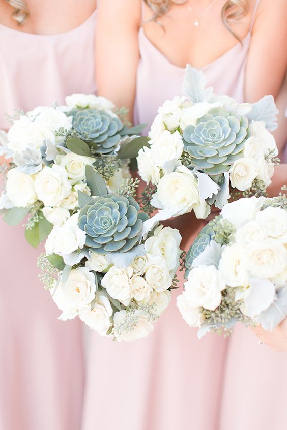 white and succulent bridesmaid bouquets