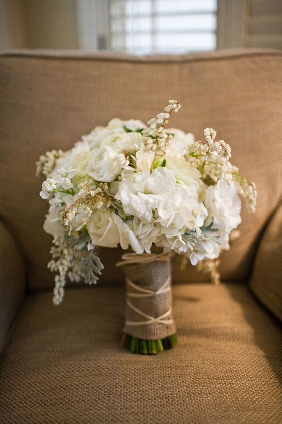 white hydrangea wedding bouquet with burlap