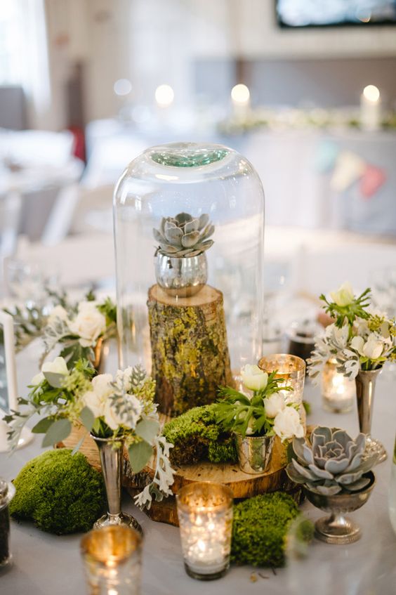 woodland-inspired moss and succulent wedding centerpieces