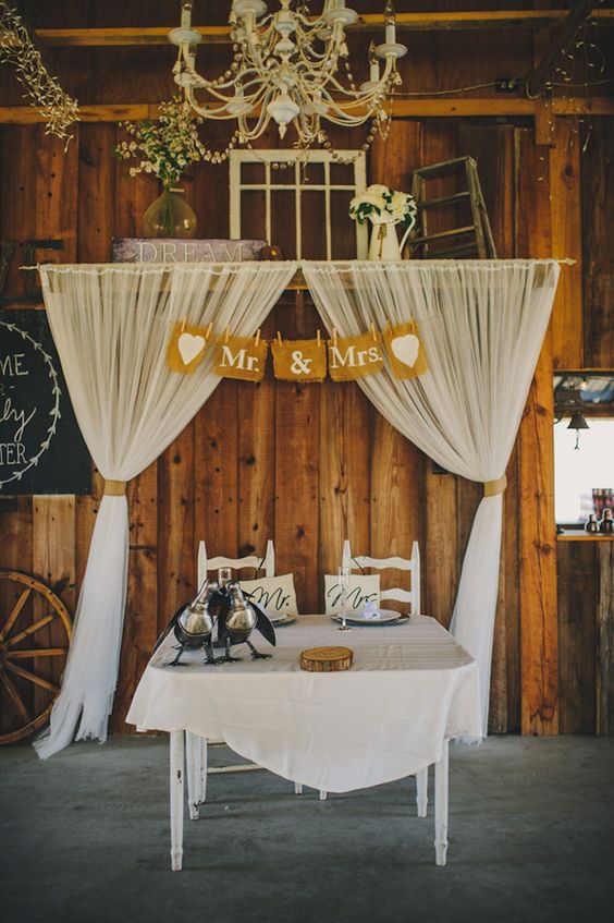 Indoor Barn Wedding Reception Sweetheart Table with Wooden Table and Chairs