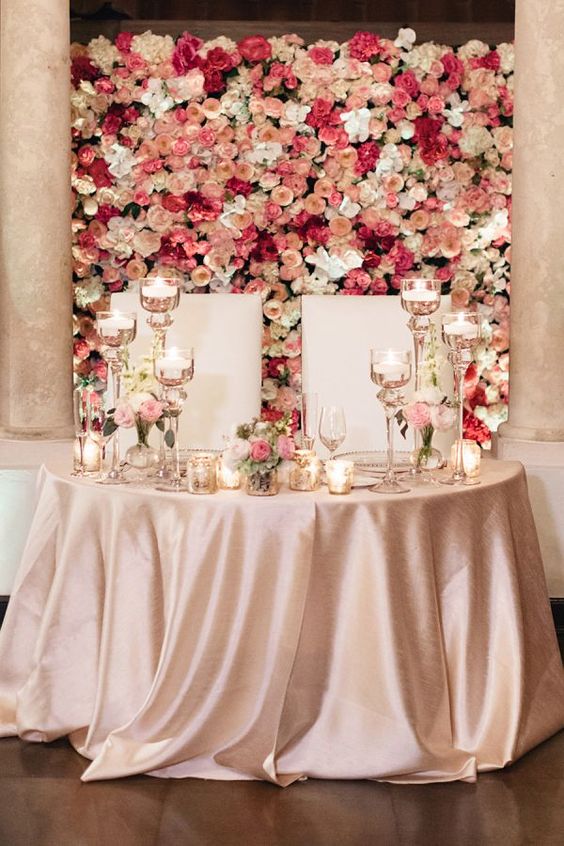 Wall of Flowers Behind Sweetheart Table