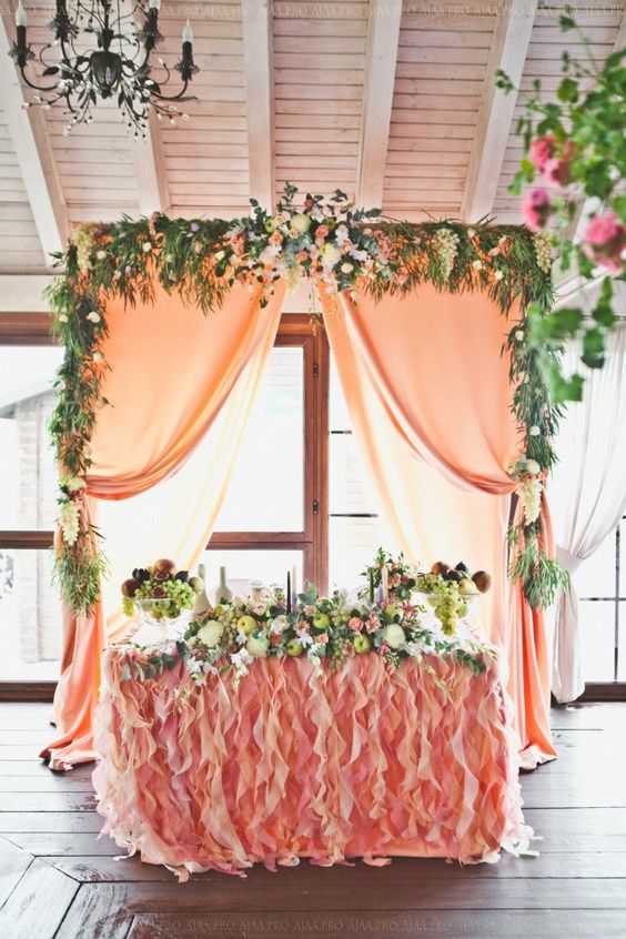 greenery and coral sweetheart wedding table