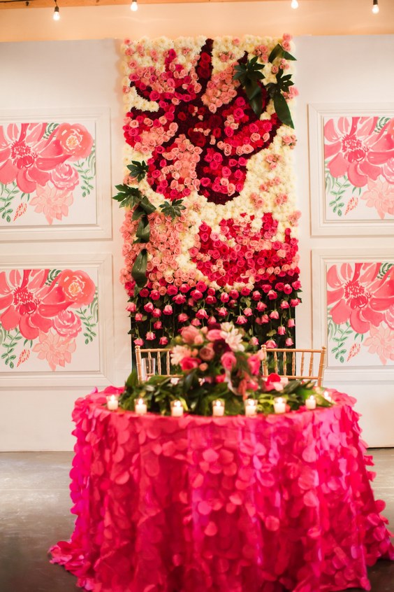 hot pink roses wedding sweetheart table backdrop