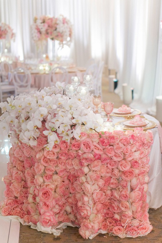 luxury pink roses and ivory orchid wedding sweetheart table