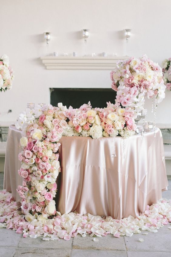 luxury rose pink and ivory round wedding sweetheart table