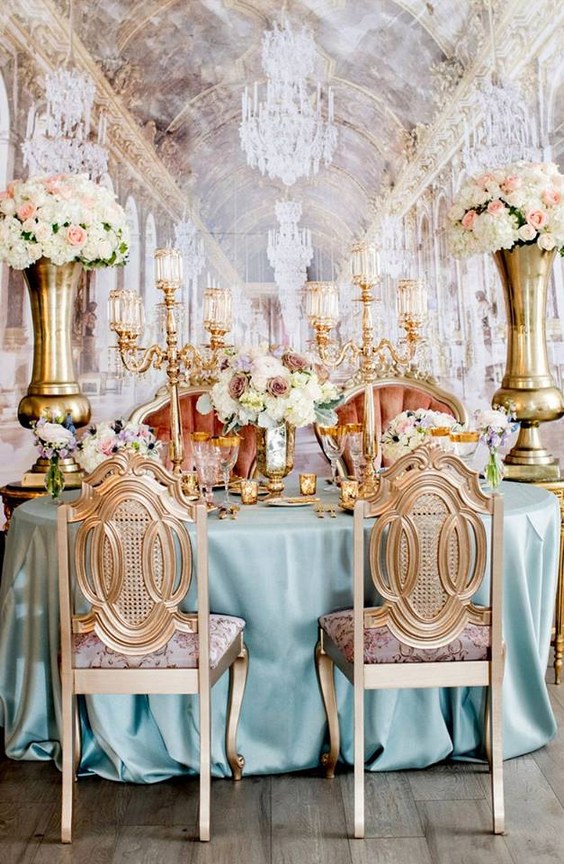 luxury vintage gold and dusty blue sweetheart wedding table