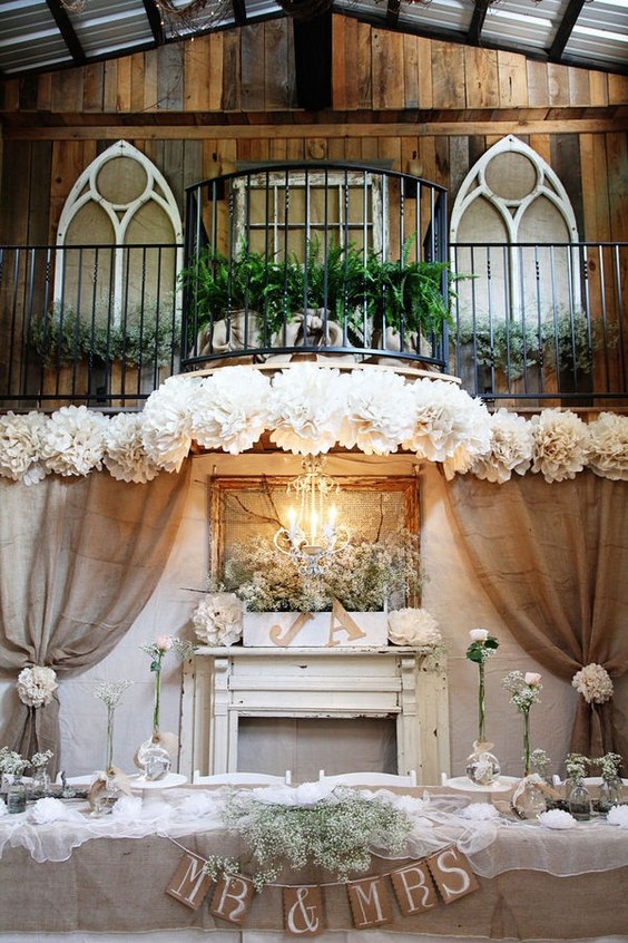 rustic barn burlap sweetheart table decor